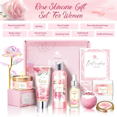 Rose Spa Gift Basket Set for Women | Self-Care Bath & Body