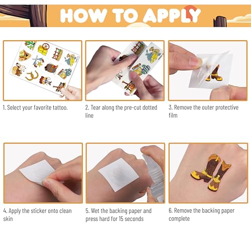 96 PCS Western Cowboy Temporary Tattoos for Kids Birthday Party