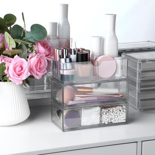 3-Tier Clear Stackable Makeup Organizer with Removable Dividers,Acrylic Medicine Cabinet Organizer and Storage for Bathroom Mirror Cabinets, Vanity, Closet, Countertop with Drawer