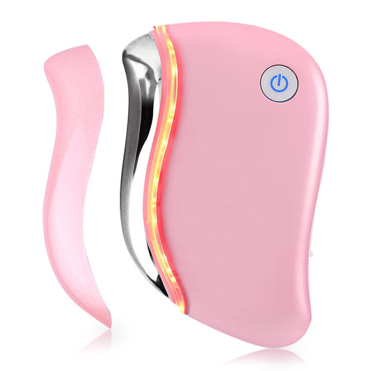 Aikertec Heat Electric Gua Sha Tool, 4-in-1 Multi-Function Anti-Aging Face Massager, Facial Contouring & Firming, Double Chin, Awakening Skin, Deep Treatment (Pink)