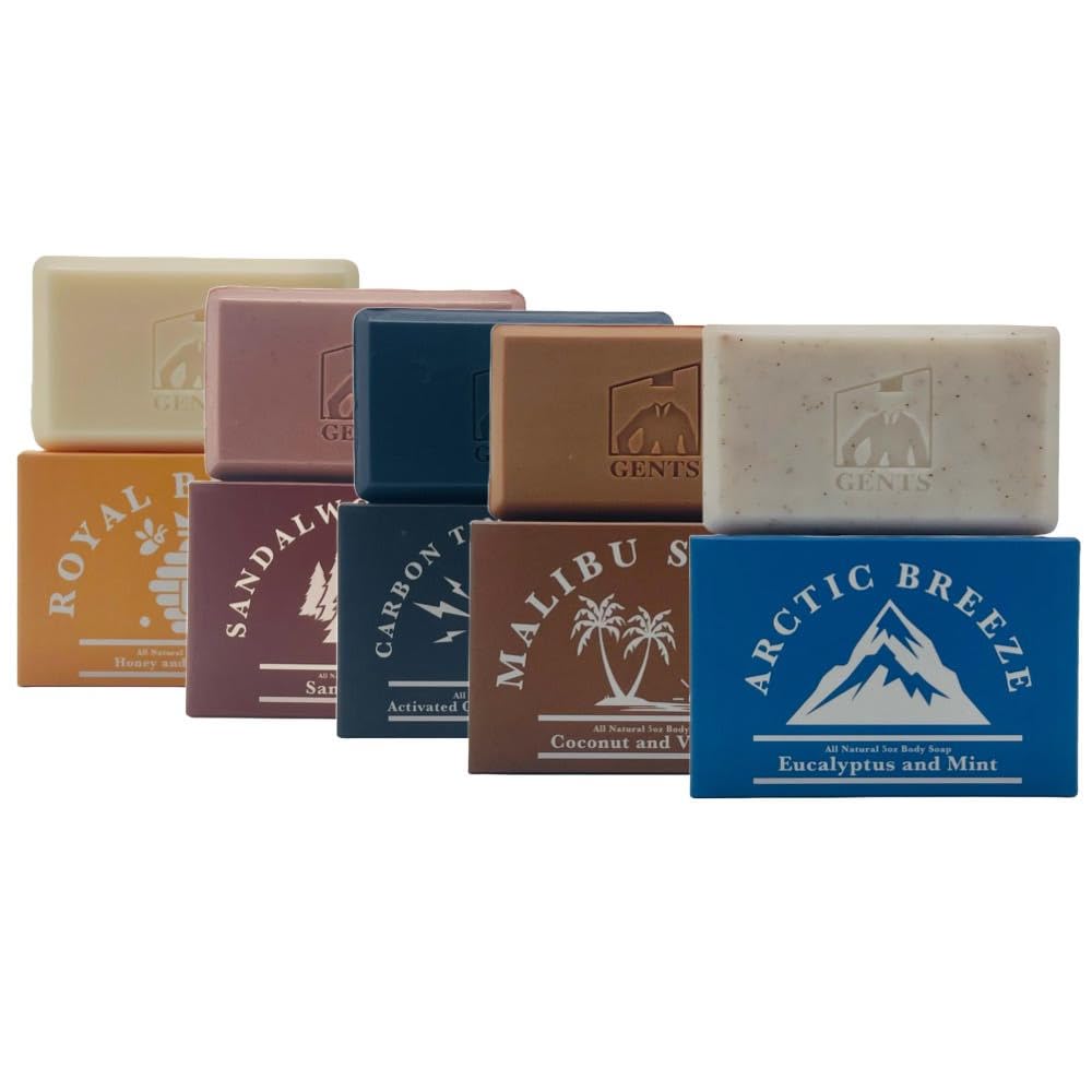 Gents Variety Men's Body Soaps - Moisturizing Bar Soap for Men, Smell Fresh and Clean, Washing Hands & Body, All Skin Types for Bath and Shower (Arctic, Carbon,Beehive, Malibu Sunset, Sandalwood)