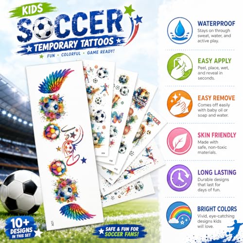 Soccer Party Tattoos - 12 Sheets Water Transfer Face Body Decals