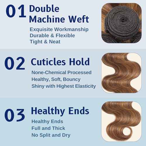 ALHER True 4/27 Body Wave Honey Blonde Highlight Ombre Colored 3 Human Hair Bundles 16 18 20 Inch 12A 100% Brazilian Virgin Remy Human Hair Soft Thick Wavy Sew In Weave Highlight Piano Color