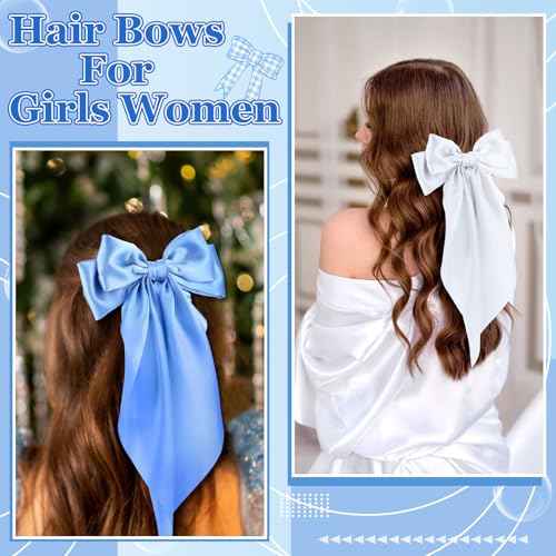 5 Pcs Blue Hair Bows for Women, Silky Satin Large Hair Clips for Girls, Long Tail Hair Ribbon Accessories