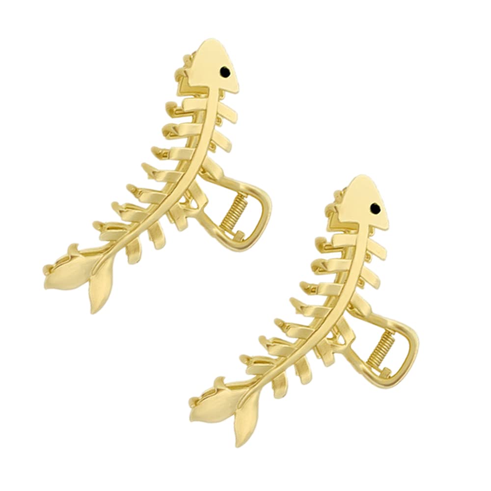 BeeGift 2PCS Large Metal Hair Claw Clips, Fish Bone Shape, Non-slip Hollow Hair Jaw Clamp Clips, Gold Hair Accessories for Women Lady Girls