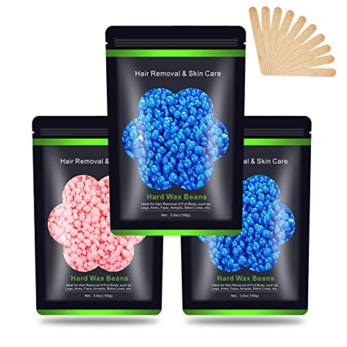 Auperwel Hard Wax Beads for Sensitive Skin 10.5 oz - Blue & Pink Variants for Painless Hair Removal, Bikini, Face, Legs, Eyebrows, 3-Pack with 10 Wax Sticks