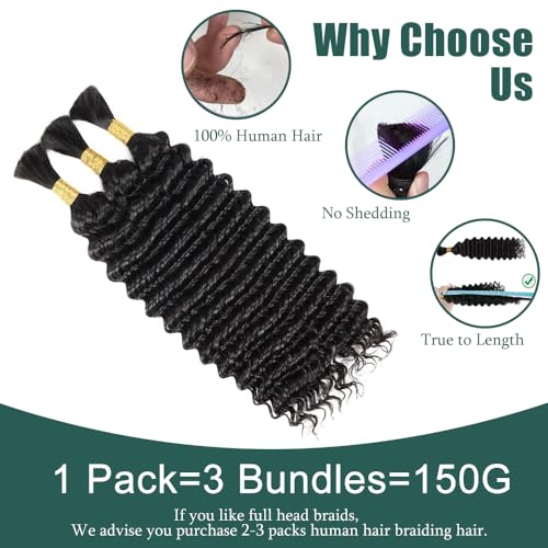 Human Braiding Hair for Boho Braids 16 Inch Deep Wave 3 Bundles