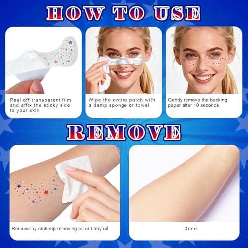 4th of July Red White Blue Glitter Face Tattoos, 8 PC