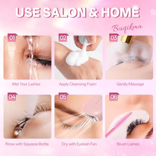 Buqikma Lash Cleaning Kit with Fan Dryer, 2PCS Lash Shampoo for Extensions Includes Rinse Bottle and Cleaning Brushes for Lashes Extension Cleaner at Salon & Home DIY Use for Valentine's Day