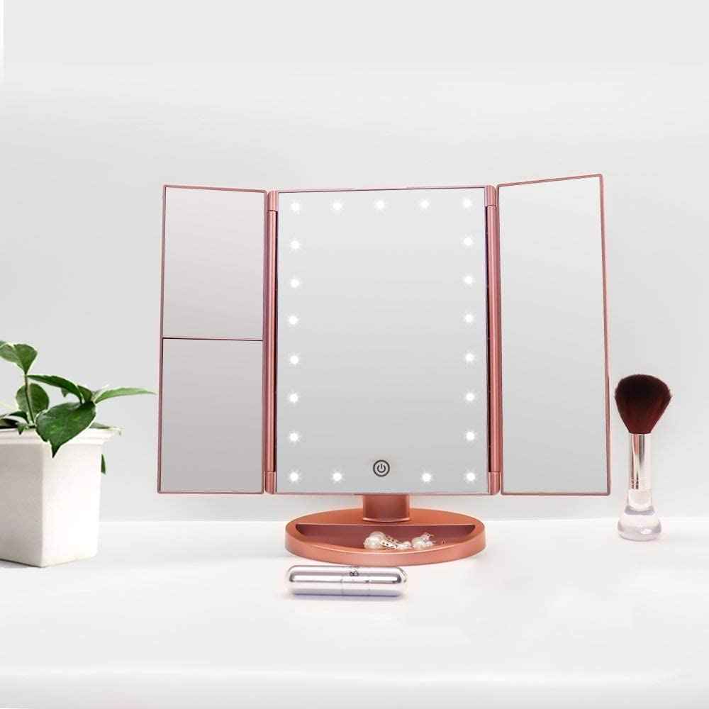 FUNTOUCH LED Lighted Makeup Vanity Mirror with 21 LED Lights, 10X/3X/2X/1X Magnifying Tri-fold Makeup Mirror with Touch Screen,Dual Power Supply,180° Adjustable Rotation,Countertop Cosmetic Mirror