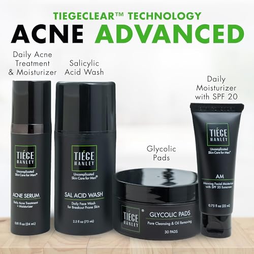 Tiege Hanley Acne Treatment Skin Care Set for Men, System Level 2, Tiegeclear Advanced Routine With Salicylic Acid Wash, Glycolic Acid Pads, Serum & Daily Moisturizer, Men¡¯s Skin Care, 4 Piece Kit