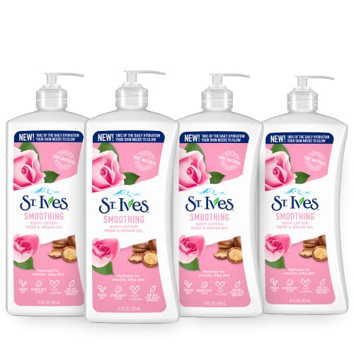 St. Ives Smoothing Hand & Body Lotion for Women with Pump, Daily Moisturizer Rose and Argan Oil for Dry Skin, Made with 100% Natural Moisturizers, 21 fl oz, 4 Pack