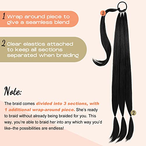 SEIKEA Long Braided Ponytail Extension with Hair Tie Straight Wrap Around Hair Extensions Ponytail Natural Soft Synthetic Hair Piece for Women Daily Wear 34 Inch 150 Gram Black