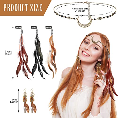 Kigeli 5 Pack Boho Hair Feather Headpiece Clip-in Moon Chain