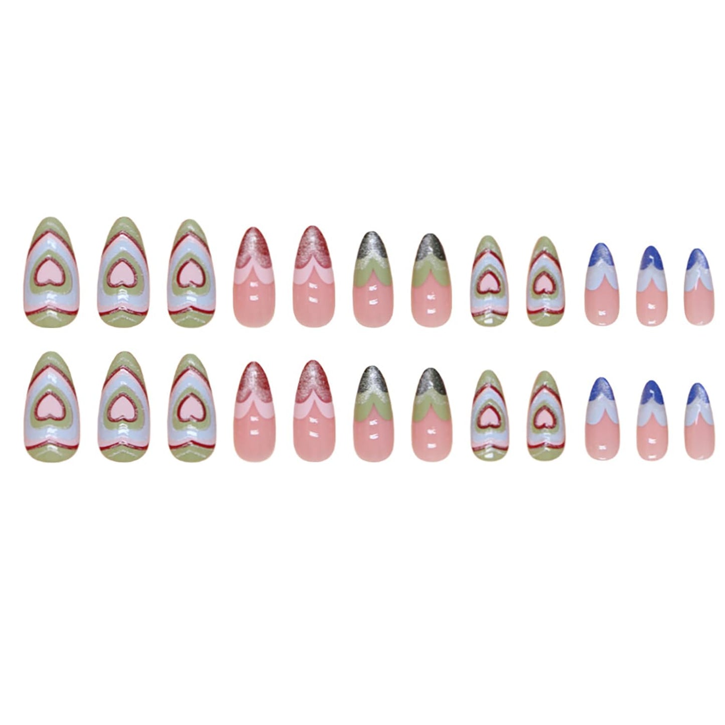 Long Press on Nails Almond Fake Nails Nude Pink RIICFDD False Nails with Colorful Glitter Heart Pattern Designs Artificial Glossy Full Cover Cute False Nails for Women and Girls Acrylic Nails 24Pcs