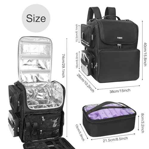 Relavel Hair Tools Travel Bag with Clear Makeup Bag, Hair Stylist BarberBag on Wheels Hairdresser Cosmetology Bag Case with Four 360 Degree Spinner Wheels, Heat Insulation Full Layer for Curling Iron