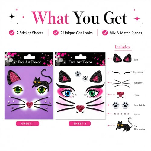 Cat Glitter Face Tattoo Stickers - Halloween Makeup (2 Sheets)