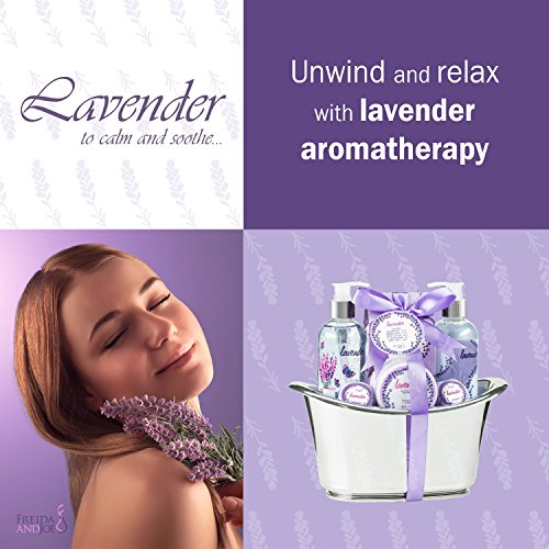 Aromatherapy Essentials Spa Set for Women in Large Silver Tub Bath Set Includes 2 Bath Bombs, Body Lotion, Bath Salts, Shower Gel, and Bubble Bath (Lavender) ? Mother's Day Gift for Mom