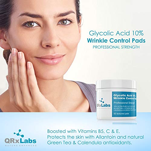 Glycolic Acid 10% Wrinkle Control Pads for Face & Body - 10% Ultra Pure Glycolic Acid, Allantoin, Vitamins B5, C & E, Calendula & Green Tea Extracts - Keeps skin smooth and prevents wrinkles and lines