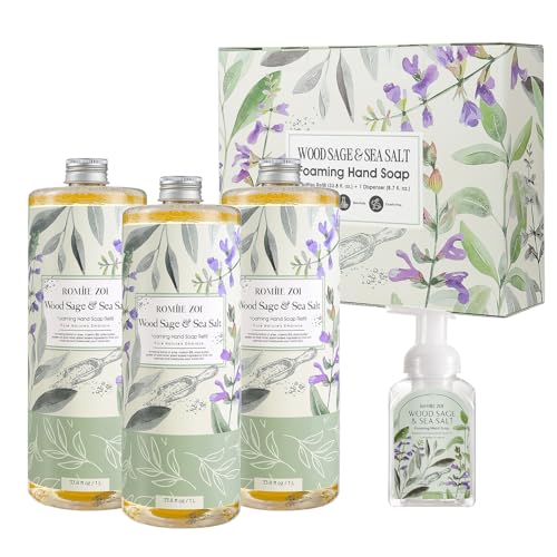 ROMIIE ZOI Foaming Hand Soap Refill Gift Set ? Wood Sage & Sea Salt Scent ? 3 Pack (1000ML Each) with Dispenser, Gentle & Moisturizing Plant-Based Formula ? Bulk Refill Bottles for Bathroom & Kitchen
