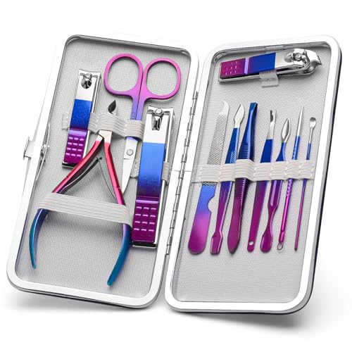 Colorful 12-Piece Manicure Set with Travel Case - Nail Clipper Kit for Men & Women