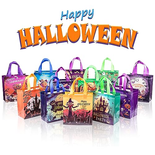 12PCS Halloween Trick or Treat Bags with Handles - Reusable Non-Woven Gift Bags for Kids & Parties