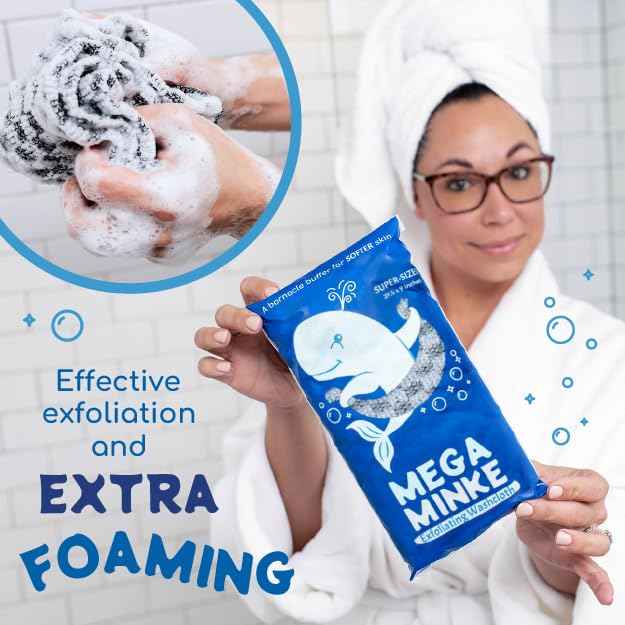 JJ KENT MEGA Minke Exfoliating Washcloth - Reusable Exfoliating Body Scrubber and Dead Skin Remover for Super Soft Skin - Rip-Resistant Large Washcloths for Showering