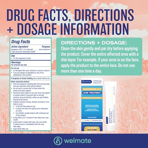 WELMATE Adapalene Gel 0.1% Acne Treatment 1.6oz - Pack of 1