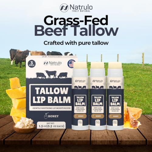 Beef Tallow Lip Balm ? Natural Tallow Beeswax Chapstick ? Hydrating Moisturizer Grass Fed Bison Tallow Balm Lip Care ? Soothes Chapped Dry Lips, Sensitive Skin ? Long Lasting Vitamin Rich USA-Made 3Pk