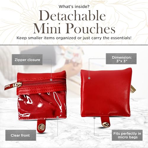 OFT 2024 LITTMINI Lighted Mirror Case - Small Makeup Bag with Detachable Mirror & Multiple Pouches for Organization - Vegan Leather, Mini Makeup Bag Ideal for Travel & Everyday Essentials (Red)