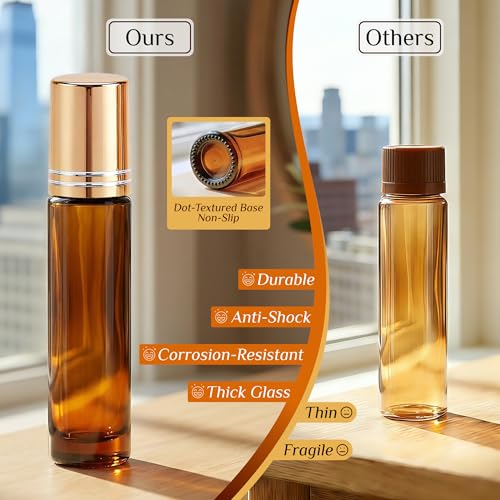 PrettyCare 4 Pack 10ml Amber Glass Oil Roller Bottles