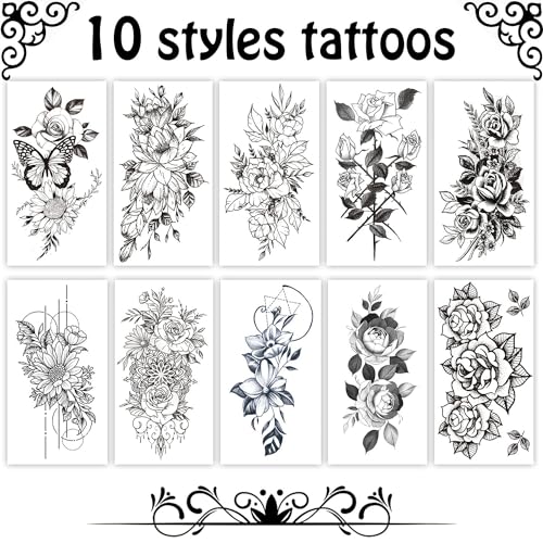 Cerlaza Flower Temporary Tattoos for Women, 10 Sheets