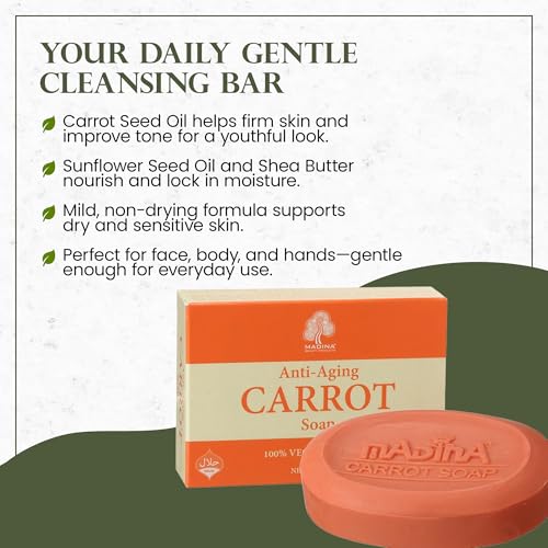 Madina Carrot Soap Bar ? Carrot Seed Oil & Shea Butter, Moisturizing, Anti-Aging, Skin Tone & Elasticity, Vegetable-Based, Halal, Gentle Cleanser, 6 Pack (3.5 oz Each)
