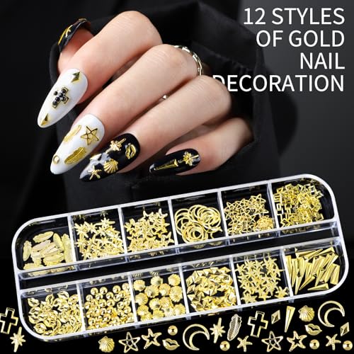 Teenitor 3D Nail Art Charms and Rhinestones Set with Gold Stickers