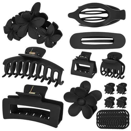 Hair Clips for Women: Non-Slip Strong Hold Jaw Claw Clips for Thin Thick Curly Hair, Classic Black Hair Claw Set Include Large, Square, Flower, Flat & Small Clips as Christmas Gift 12Pack(Set A)