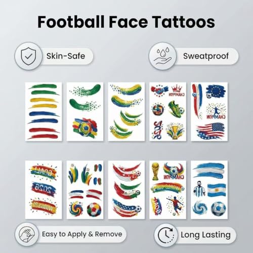Jimmyxqw Soccer Face Temporary Tattoos Sheets - 8 Styles, Waterproof Sports Decals