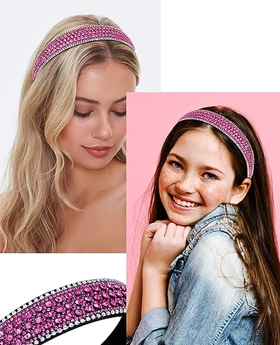 Wecoe Hot Pink Rhinestone Headband - Bling Sparkly Crystal Diamond Thin Hair Band for Women, Girls, Holiday, Birthday Gift