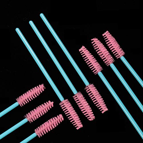 300 Pack Disposable Eyelash Mascara Wands with Blue/Pink Handles - Makeup Brush Kit for Lash Extensions & Brows