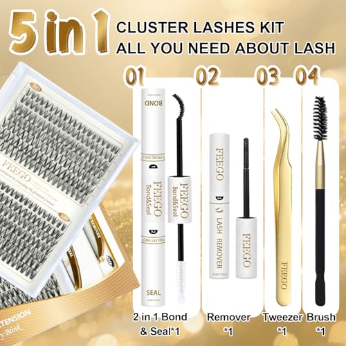 FEEGO Eyelash Extensions Kit Lash Clusters DIY Lash 280pcs 9-16mm Individual Lashes Clusters 20D 30D D Curl Eyelash Extension Kit Individual Lashes, Lash Bond, Seal Glue, Remover (2030D Charming Kit)