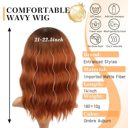 ENTRANCED STYLES Auburn Wavy Bob Wig with Bangs - Short Curly Synthetic Hair, 14 Inch, Heat Resistant, Natural Look for Women