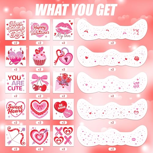 Cerlaza Valentine's Day Temporary Tattoos, 40 Pcs Glitter Heart Stickers