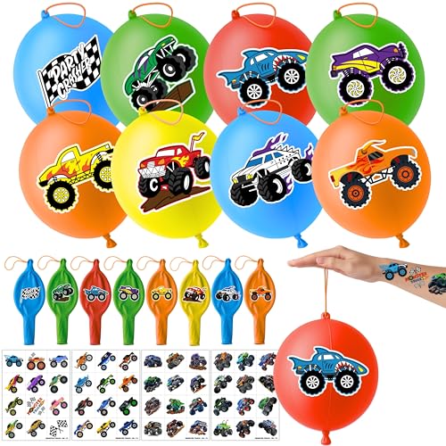 72 PCS Monster Truck Party Favors - 48 PCS Temporary Tattoos & 24 PCS Punch Balloons Combo - Birthday Gifts & Goodie Bag Fillers