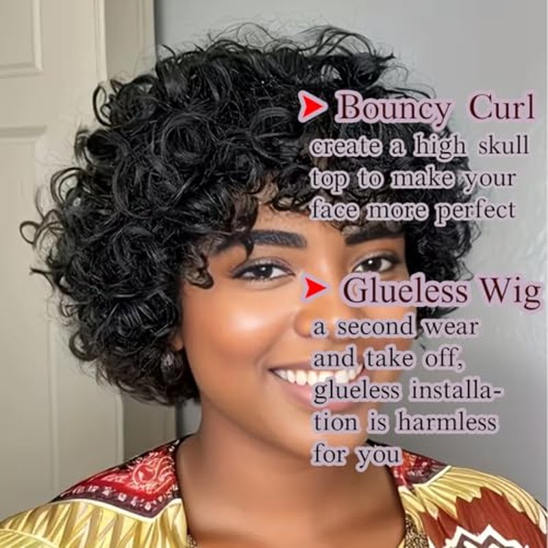 TATOUS Short Curly Bob Wig with Bangs - 100% Human Hair for Black Women