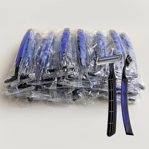 Individually Wrapped 3 Blades Razors Bulk, Travel Size Disposable Manual Razors with Stainless Steel Blade (Blue) (50)