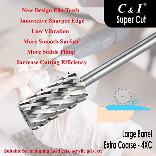 C & I Nail Drill Bit, Super Cut Edition – Upgrade File Teeth, Large Barrel, Professional E File for Electric Nail Drill Machine, Good to Remove Super-Hard Nail Gels (Extra Coarse -XC)