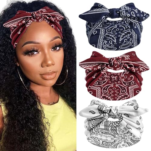 Wide Paisley Headbands for Women – 3-Pack Elastic Bow Hair Wrap Bands