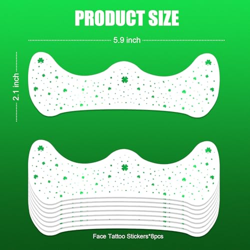 Green Glitter Shamrock Temporary Tattoos - 8 Sheets Waterproof Face Stickers