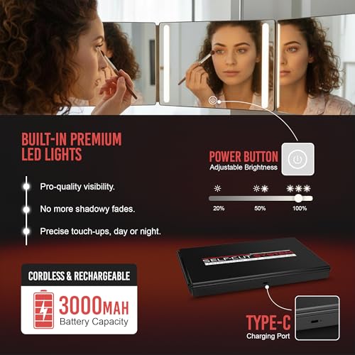 Self-Cut System 3 Way Mirror with LED Lights ? Trifold Self Cut Barber Mirror for Men and Women, 360 View for Easy Haircuts, Travel Friendly - Three Way Design for Grooming and Styling