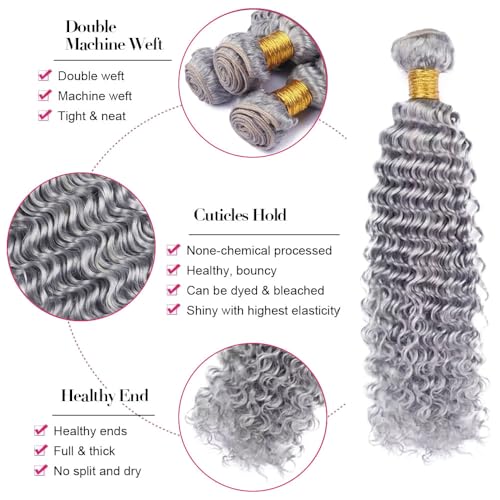 Fridnae Silver Deep Wave Human Hair Bundles 22/24/26 Inch - Grey-#GreyDP, 150g Each
