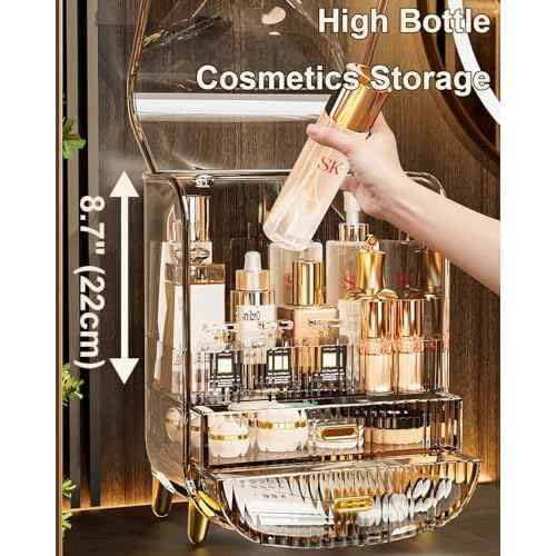 Makeup Organizer, Large Capacity Cosmetics Makeup Organizer for Vanity, Dustproof Waterproof Cosmetics Display Case with Drawers for Skincare, Lipstick, Brushes and Jewelry (Clear)